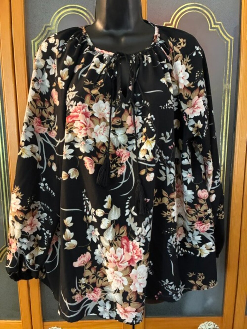 SHEIN Black Floral Long Sleeve Blouse Tie Neck Boho